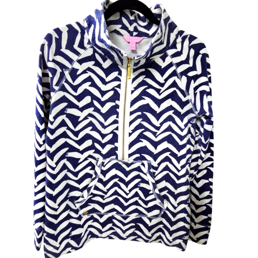 Lilly Pulitzer Blue and White Chevron Half Zip Pullover Size M